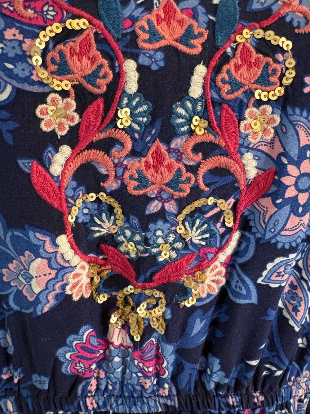 Soft Surroundings Jordana LP Dress Blue Floral Embroidered Sequined Large Petite - Picture 9 of 13